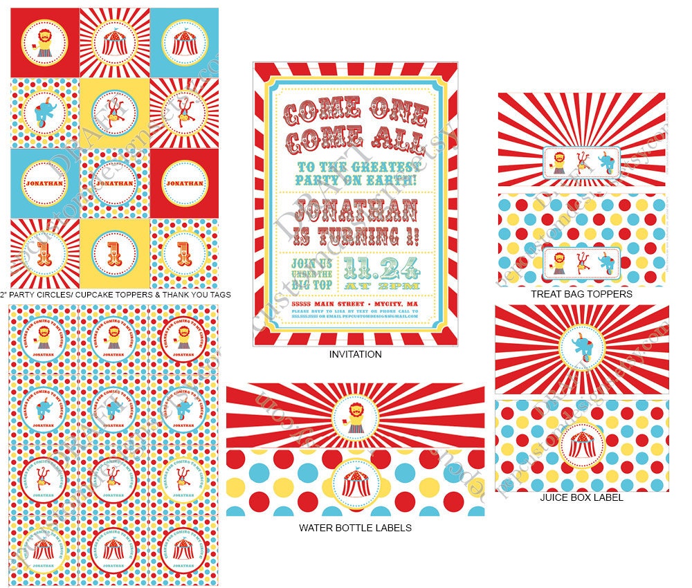 DIY -  Printable: Circus  Birthday Party Set -  13 items (invitation, party circles, water bottle labels, banner and more)