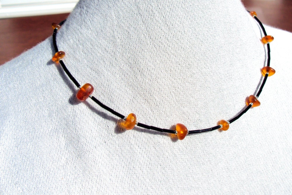 black beaded amber necklace with free earrings