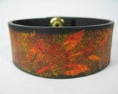 Hand Painted Leather Cuff Bracelet , Distressed Red Orange Wristband Wrap BOHO Jewelry