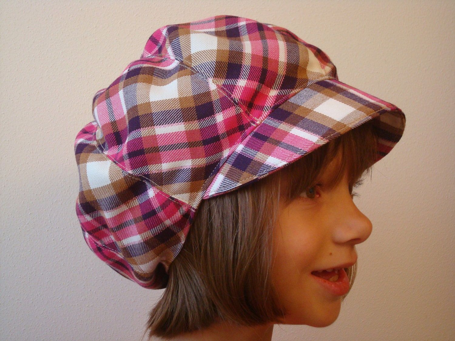 HATS for HOSPICE - Ladies Newsboy Cap / Hat - Pink & Beige Plaid Wool Blend Fabric - Teen to Adult Size 21 1/2" Head - Ready to Ship