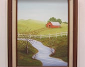 Vintage Framed Oil on Canvas Painting Barn with Creek