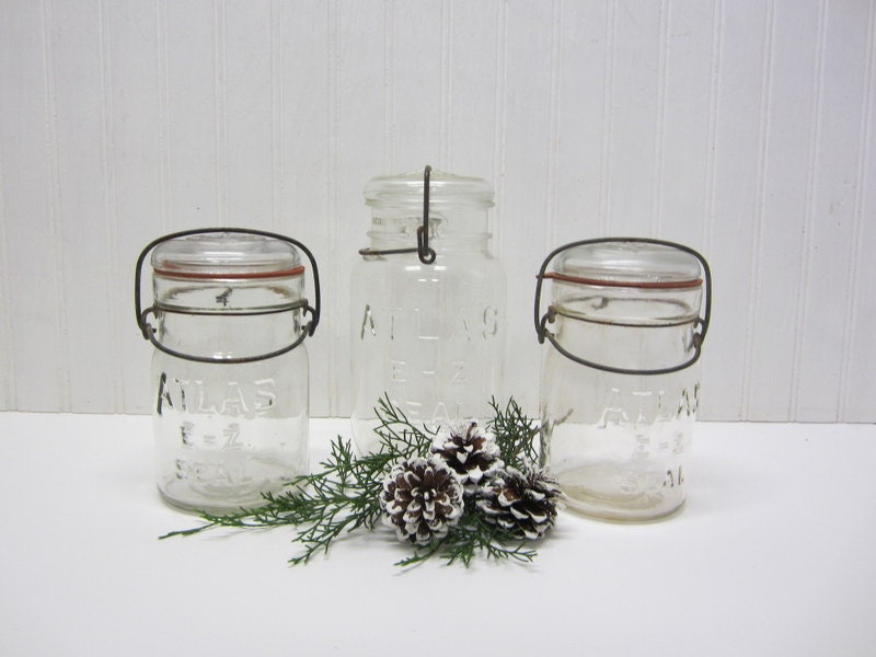 Reserved - Set of Three Vintage Clear Quart and Pint Size Wire Bail Atlas Jars