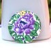 Fabric button brooch. Purple flower. Green leaves. 48mm 1 7/8 inch. Large badge. Pinback button. Covered button.