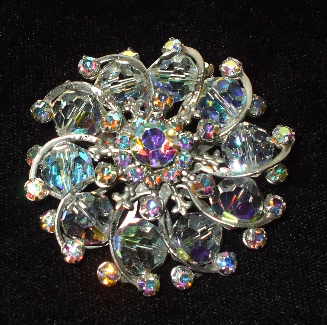 Rhinestone & Crystal Costume Brooch Pin Large Vintage Colorful Aurora Borealis Facets Bridal Wedding SALE