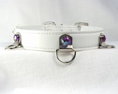 Slave Collar White Leather Purple Rhinestones BDSM Collar 3 dee rings