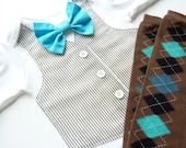 Long or Short Sleeve Brown Seersucker Onesie Vest with Matching Bow Tie and Argyle Leg Warmers