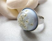 Eco Friendly Ring, Lace Flower, Pressed Flower Jewelry, Eco Chic, Christmas, Snowflake Ring, Ice Blue