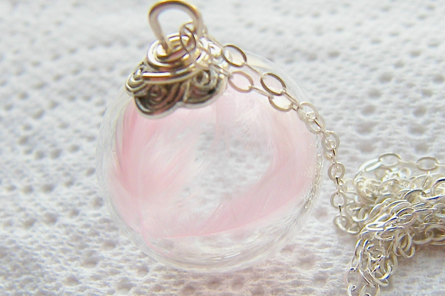New Mom Necklace, Mum, Mother Necklace, Baby Girl, Mom To Be, Pink Marabou Feathers, Glass Globe, Little Angel