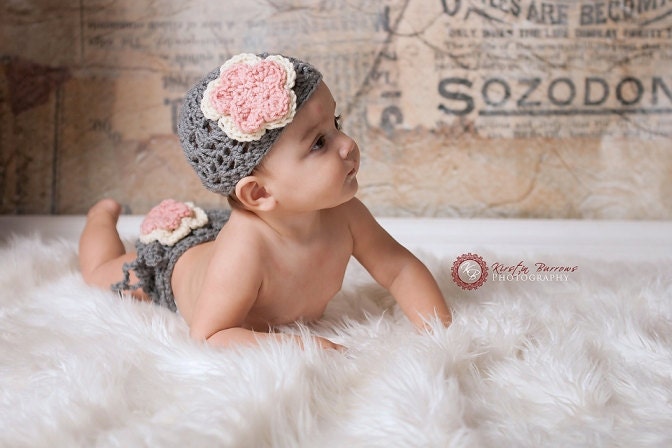 Crochet Diaper Cover with matching Hat set, features a 2 layer flower and bow- grey, pink and ivory