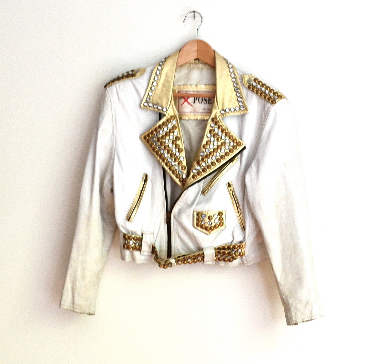 Amazing Vintage 80s Gold and White Leather Jacket with Rhinestones and Gold Studs, Size M// Metallic GOLD Studded Leather Jacket