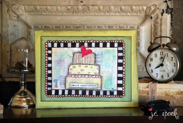 Original Art Painting: 9x12 Sweet Confection Cake, Original Mixed Media Art, Whimsical Art, Folk art, cake art, yellow, pink, green