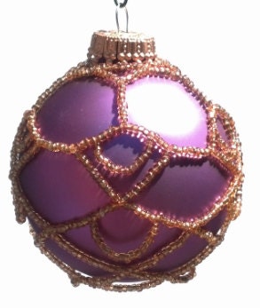 Hand Beaded Christmas Ornament Net  - Purple Glass Bauble with Gold Beadwork