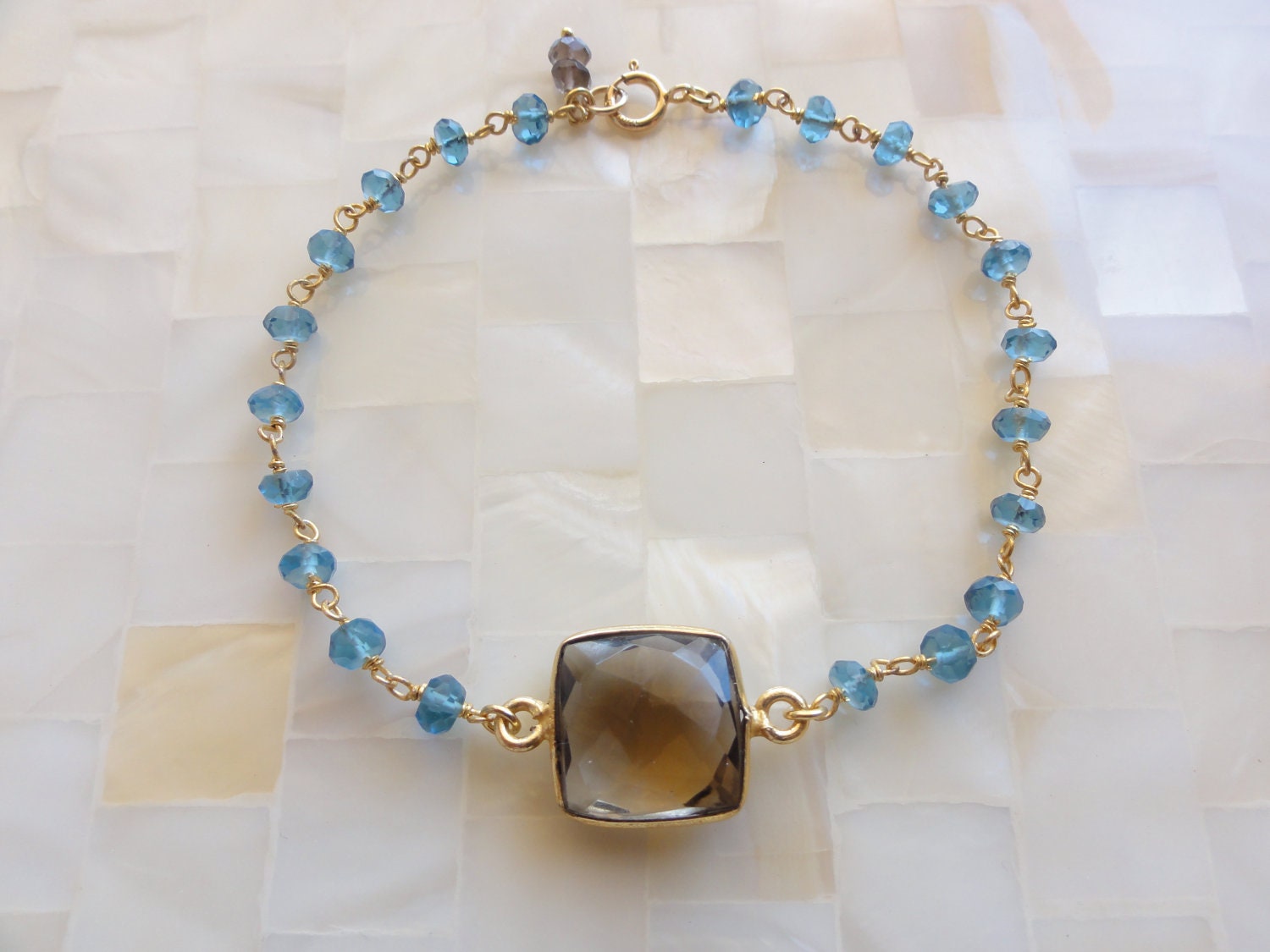 Faceted Smoky Quartz Vermeil Bezel Connector on London Blue Quartz Rondelle Vermeil Wire Wrapped Chain Bracelet