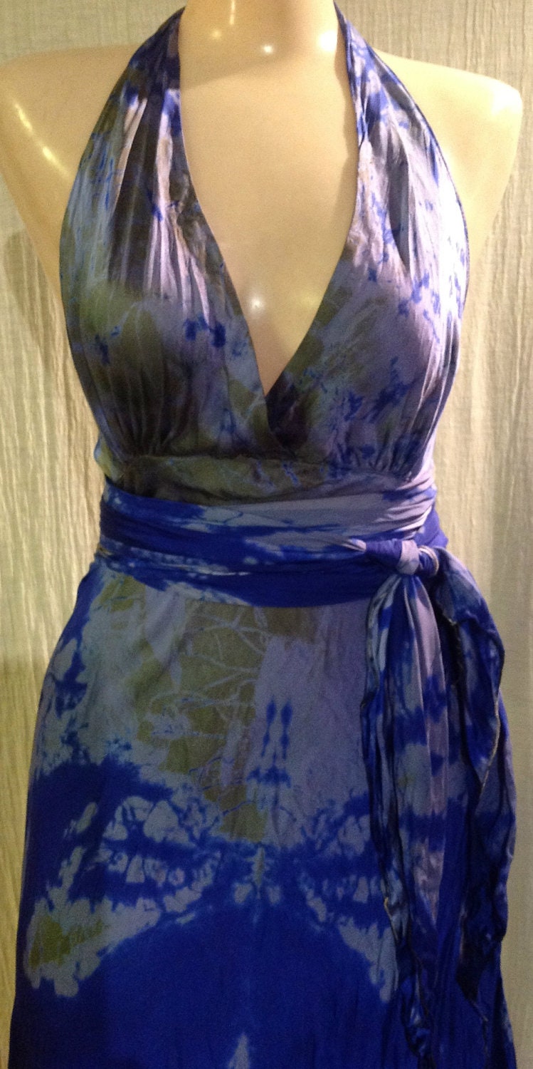 royal blue silk long halter dress with sash made in usa by momo soho