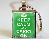 Keep Calm and Carry On Distressed Green Scrabble Tile Pendant with Ball Chain Necklace Included (ITEM S800)