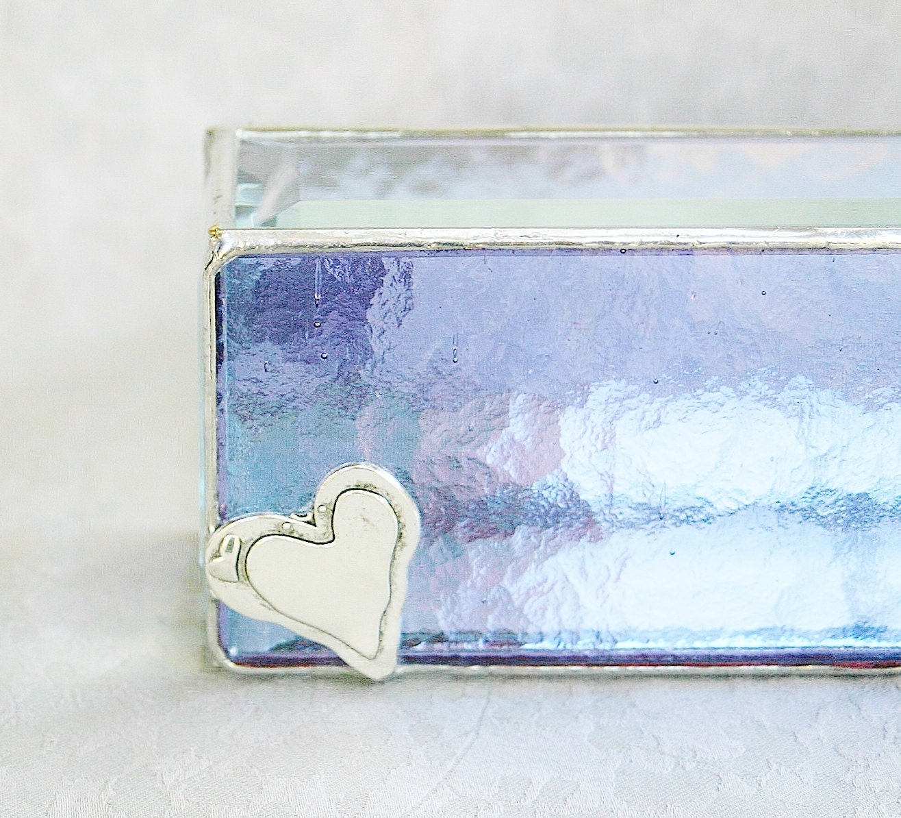 Stained Glass Jewelry Box Lavender Purple 3x6 Box w/ large Silver-tone free-form Heart Handmade OOAK