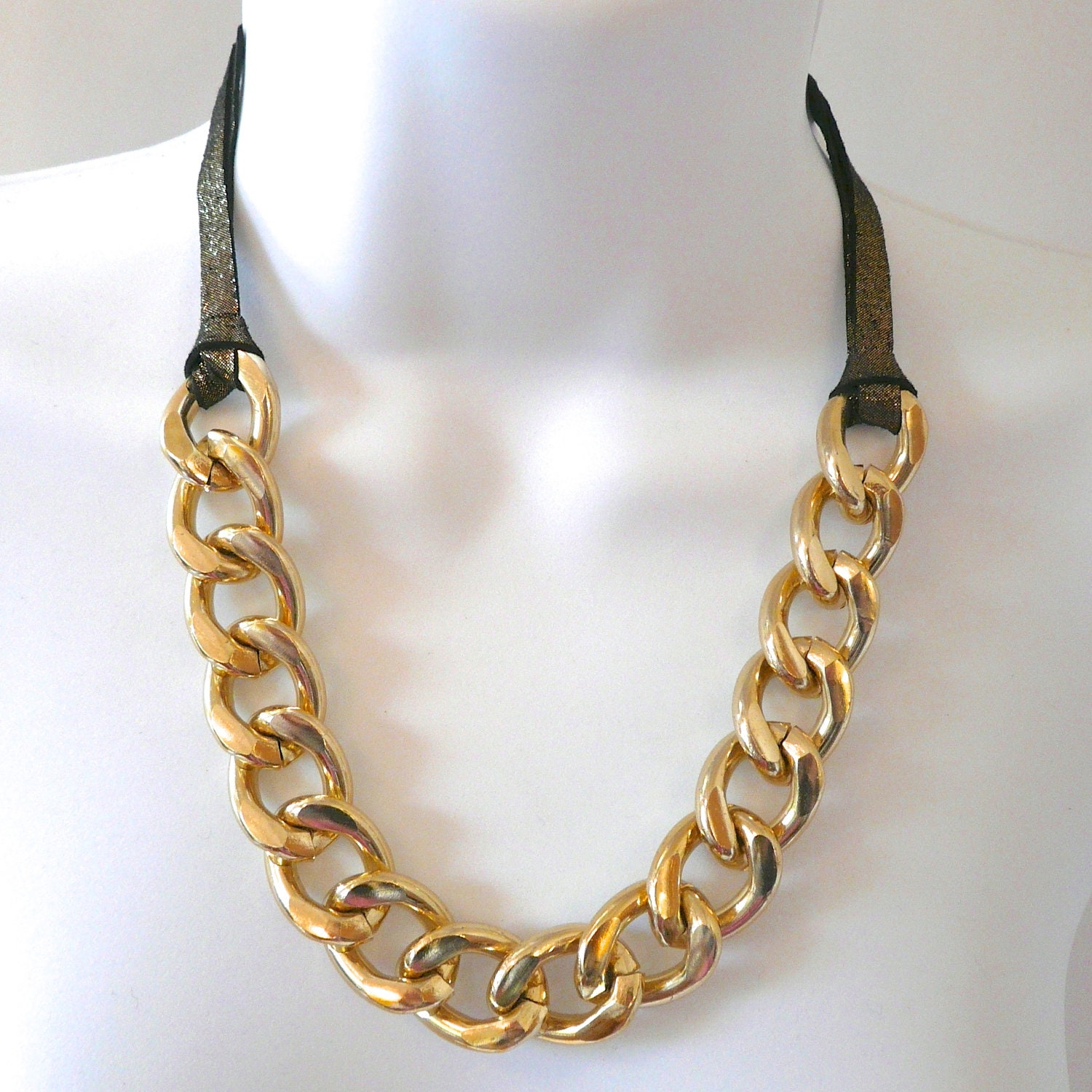Chunky Gold Chain Link & Gold/Black Leather Necklace