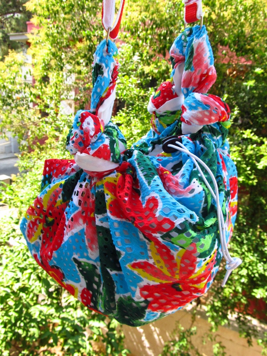 Cross body shoulder bag colourful green red blue flowers furoshiki style summer bag