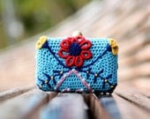 Clutch - crocheted  in ligth blue and embroidered in funny colors - MADE TO ORDER