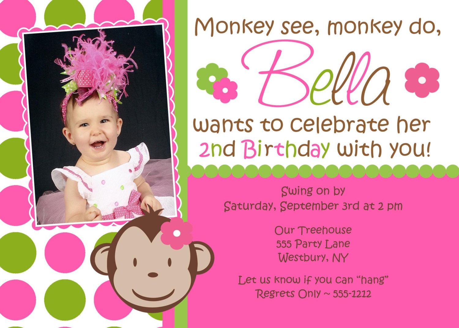 Mod Monkey Birthday Invitation Girl Photo Print Your Own - Matching Party Printables Available