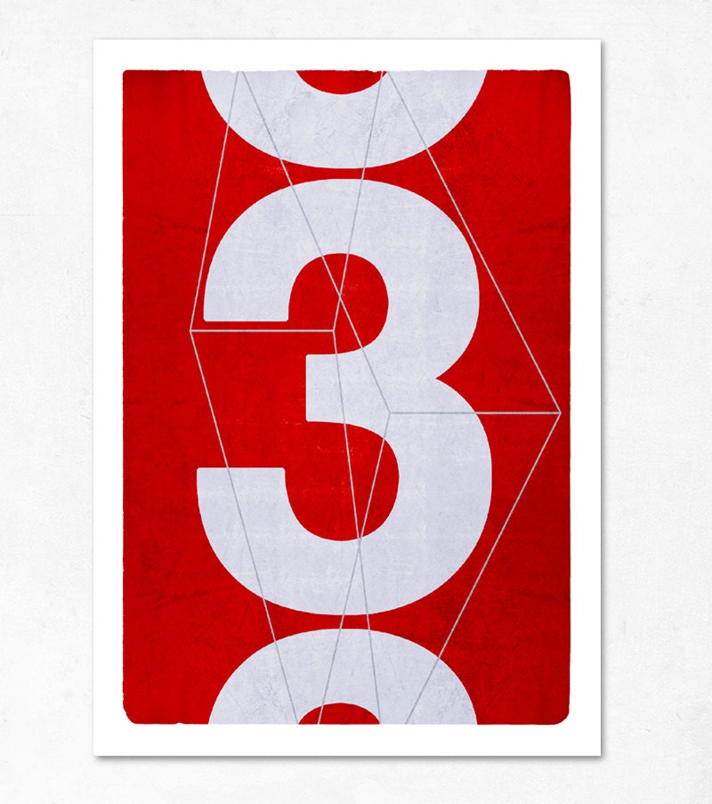 Large print 11.70 x 16.50 (A3). Big number three (red version). (Special spring offer: Get a geometric poster for free)