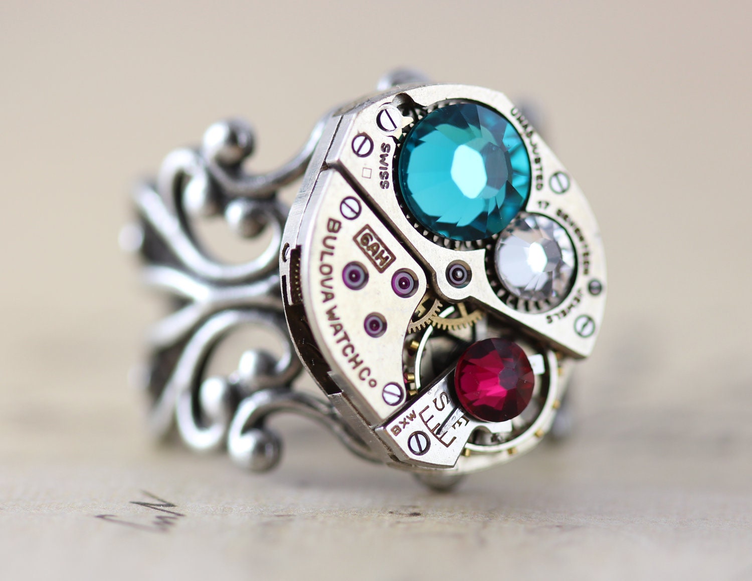 Steampunk Mothers Ring Personalized Mothers Ring Birthstone Ring Unique Grandmothers Ring