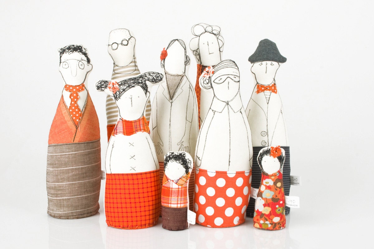 Family , ooak , art doll -  grandparents, parents ,uncle  and and children dressed in Orange and beige  , stripes   and polka dots -handmade