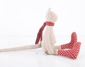 Reserved Rinat - Stuffed animal toy- Plush Natural Canvas Minimalist Mouse , Red tie , dotted socks - Eco Friendly handmade doll - TIMOHANDMADE