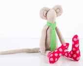 fabric Mouse softie plush stuffed animal  toy- Plush Natural Canvas Minimalist Mouse , green tie , dotted socks - Eco Friendly handmade doll