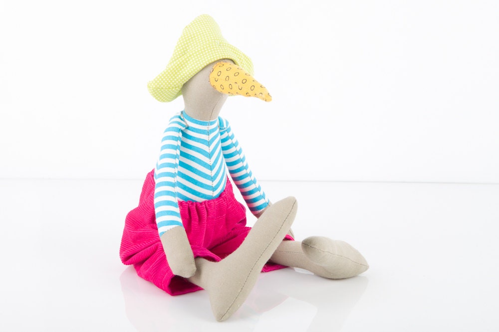 fabric bird softie plush stuffed - Wearing striped  turquoise shirt Punctuated green hat ,hot  pink corduroy pants - handmade fabric doll