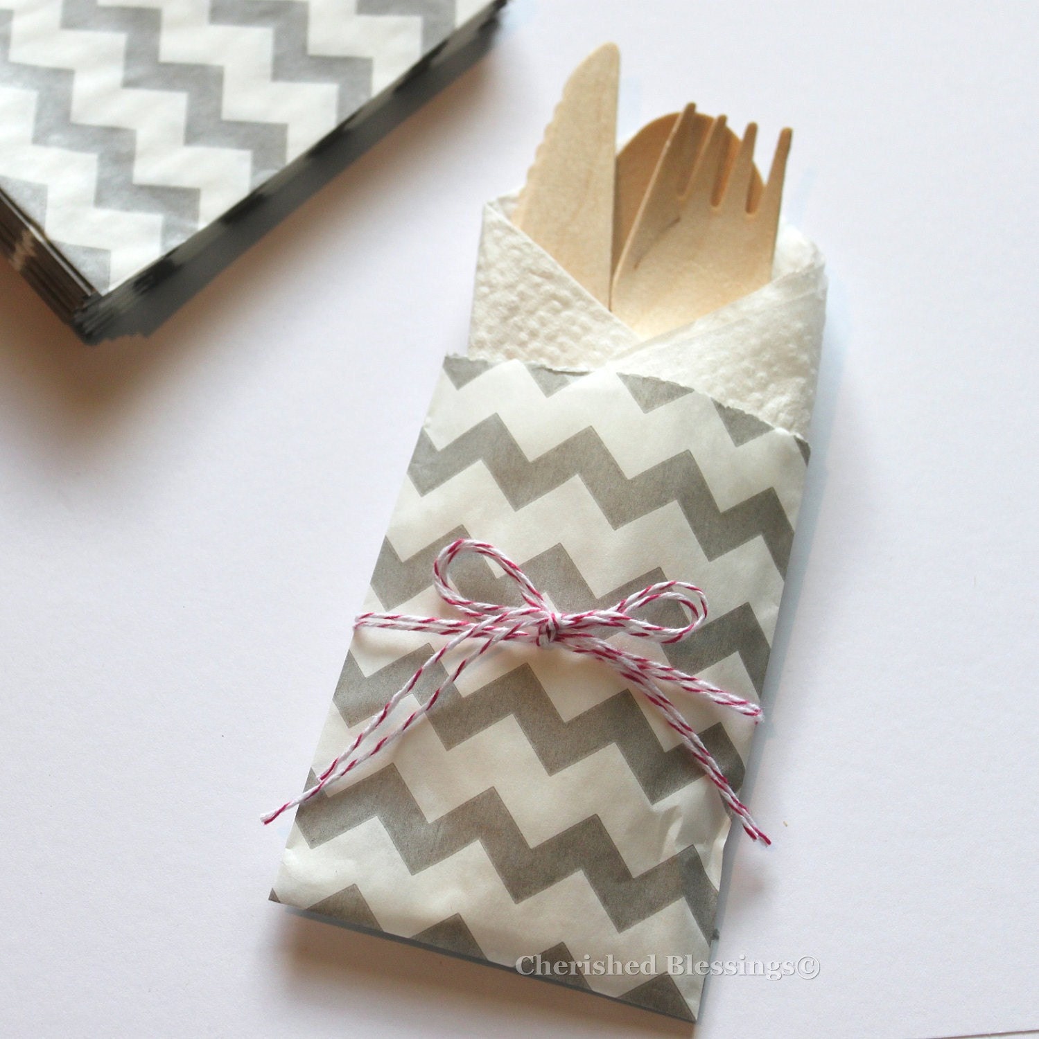 10 Table Settings Buffet Bags Gray Grey Chevron w/ Wood Wooden Silverware Flatware Wedding Birthday Party Baby Shower Favors Paper Goods Il_170x135