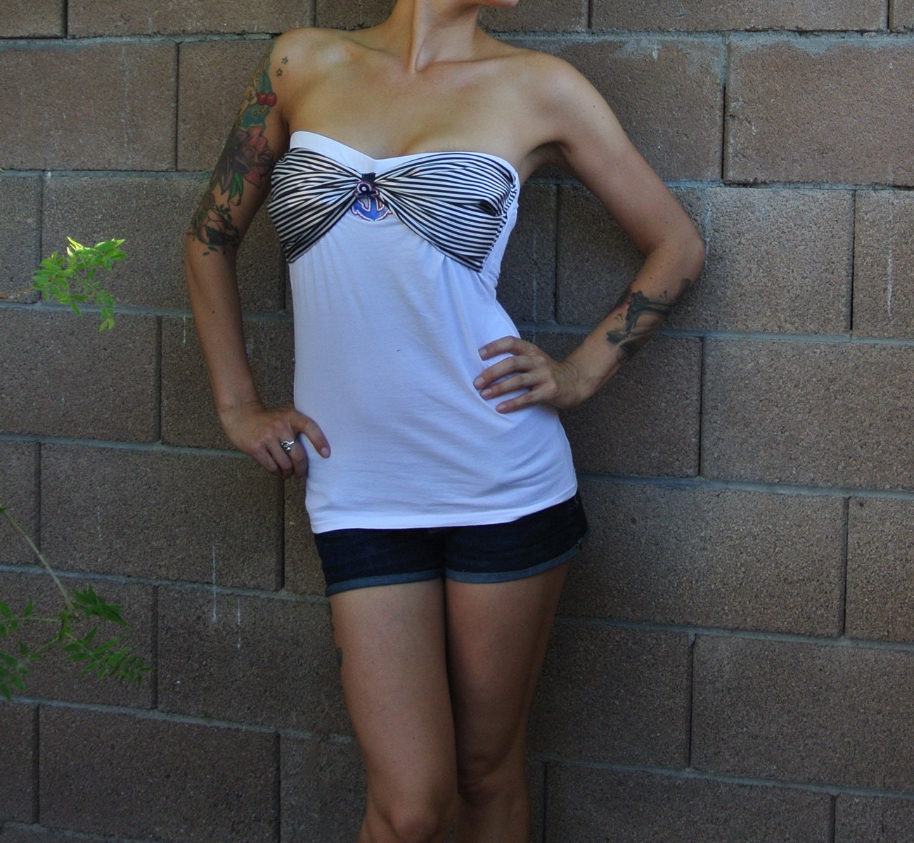 Items Similar To Olivia Paige Pin Up Bow Sailor White Stripes Anchor Tattoo Tube Top On Etsy