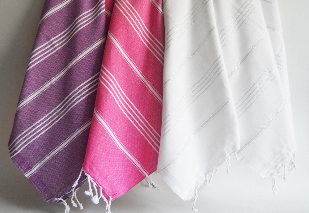 Free Shipment SET 4 Piece Turkish BATH Towel - Classic Peshtemal - 2 White -1 Pink -1 Purple