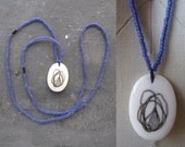 Hand drawn vintage ivory pendant necklace / purple glass beads / FREE SHIPPING