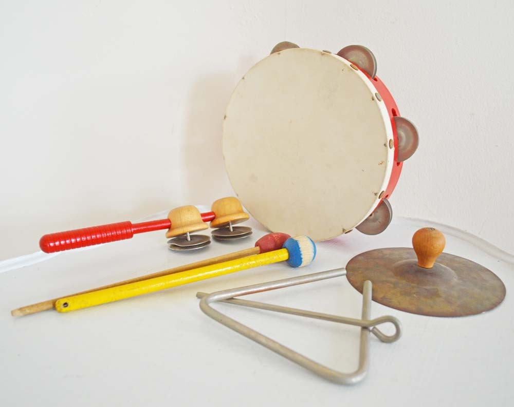 Vintage Musical Instruments Percussion Tambourine Cymbal Xylophone Mallets Triangle Jingle Stick Red White Yellow Werco Wood Metal - mothrasue