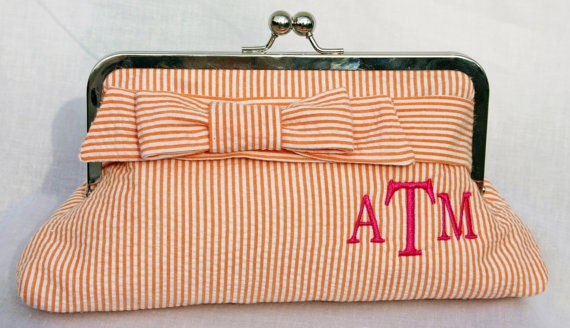 Monogrammed Seersucker Clutch - Small Wrap Bow, Bridesmaids gift