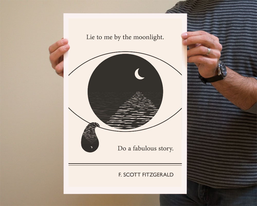 Illustration, F. Scott Fitzgerald Quote, Fine Art Prints and Art Posters, Moon Drawing, Minimalist Art, Black and White Wall Art