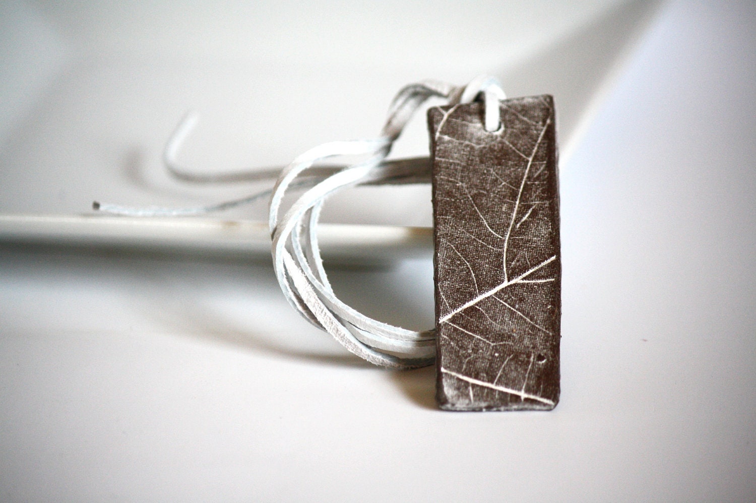 II Chocolate brown snow white, leaf veins hand pressed ceramic clay pendant necklace, organic, natural, ooak - CatHot