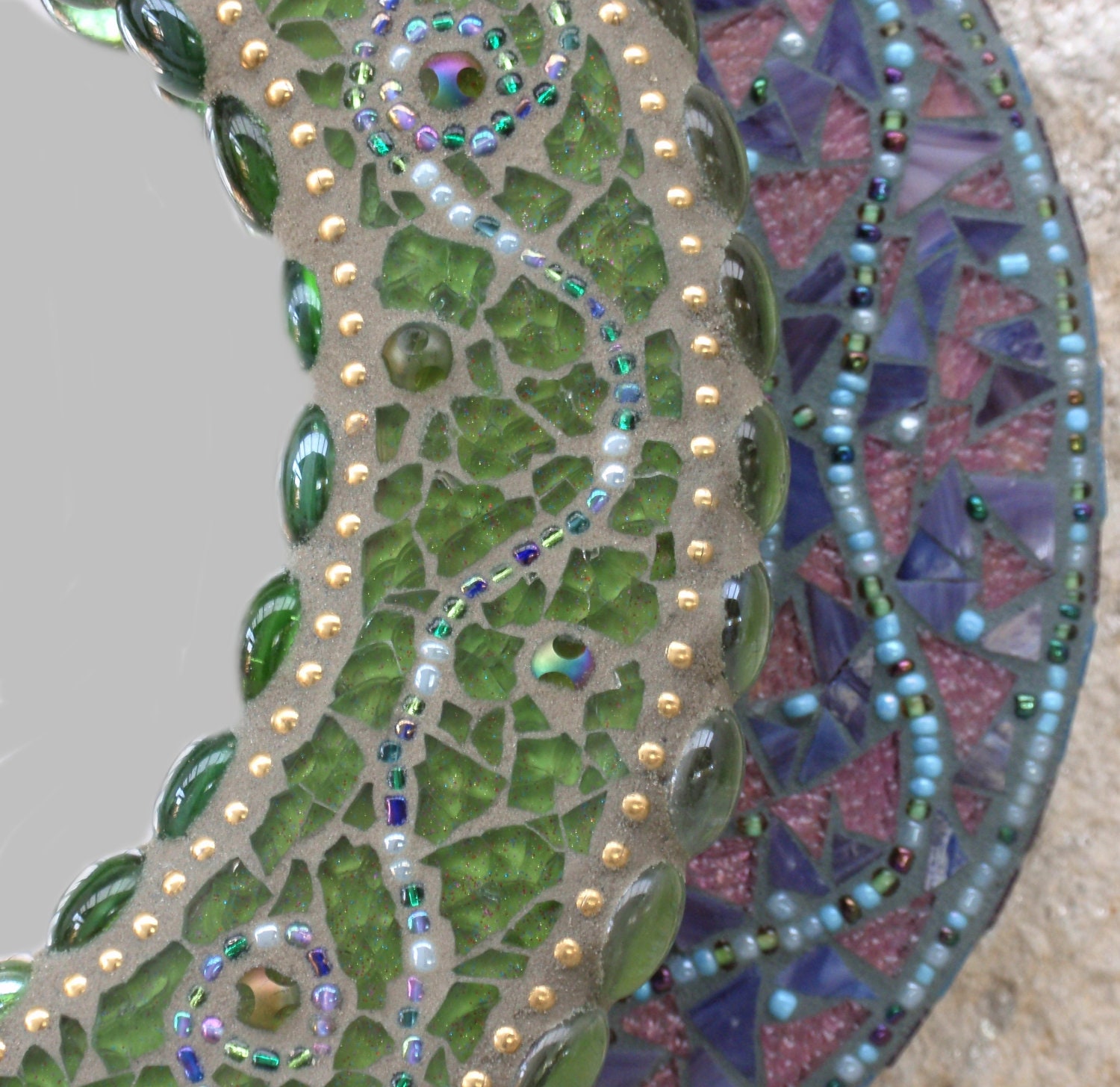 Round Mosaic Mirror in Greens and Gold