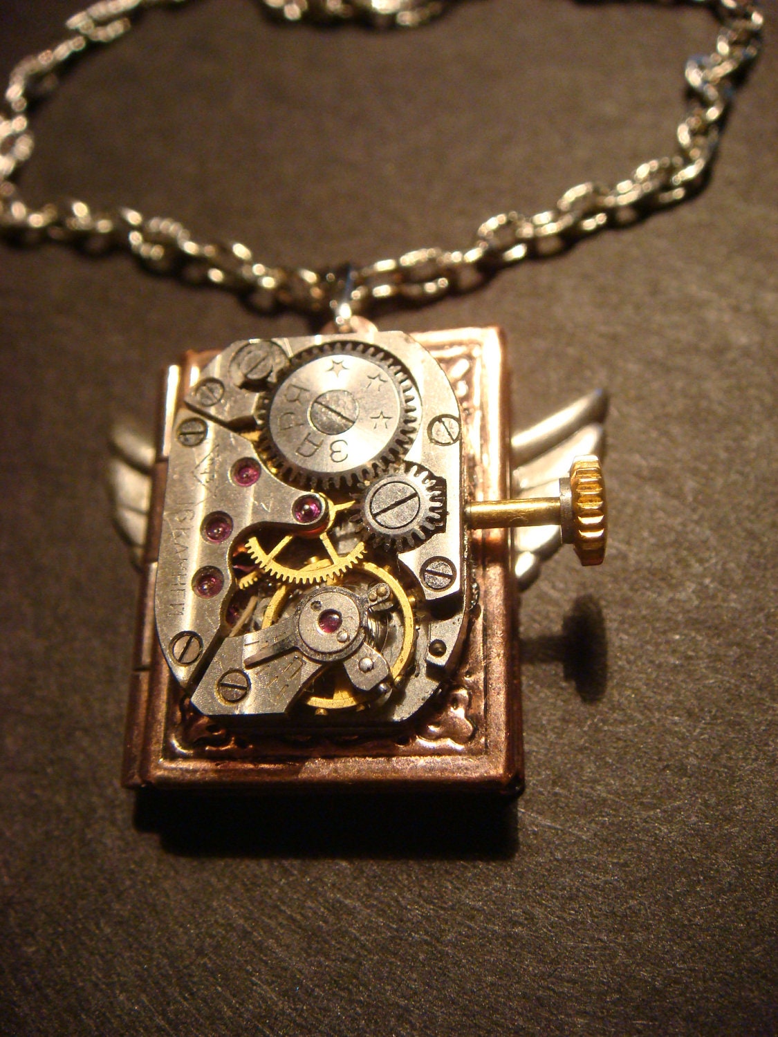 Steampunk Neo Victorian Watch Movement LOCKET Necklace with Wings (696)