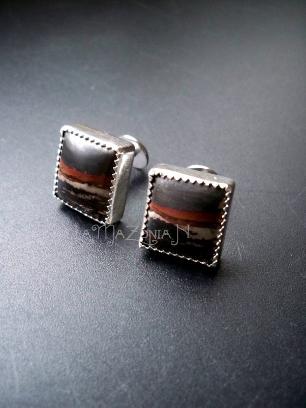 Sterling Silver Indian Paint Stone Cufflinks - double-ended push through - Gemstone accessories by Lamazonian