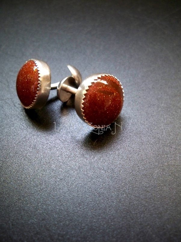 Sterling Silver Goldstone double-ended push through Cufflinks - Gemstone accessories by Lamazonian