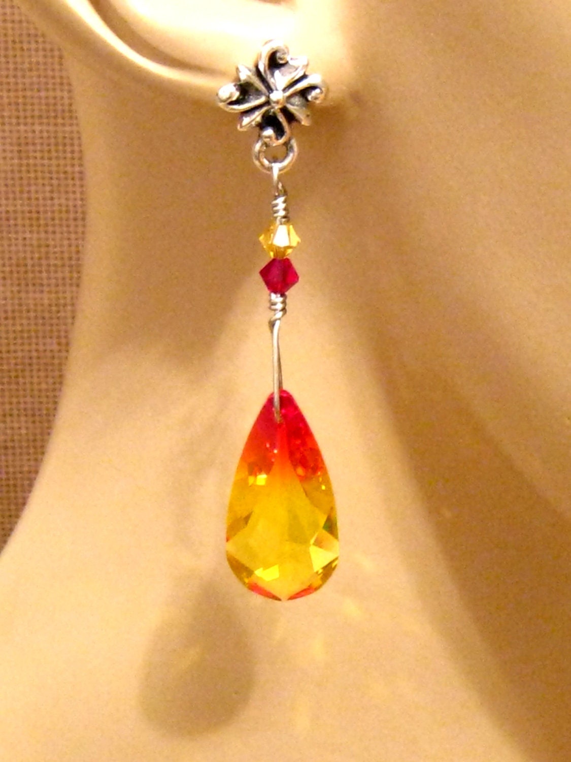 Red and Yellow Swarovski Crystal Earrings, Phoenix Earrings, Fire Opal Crystal Earrings