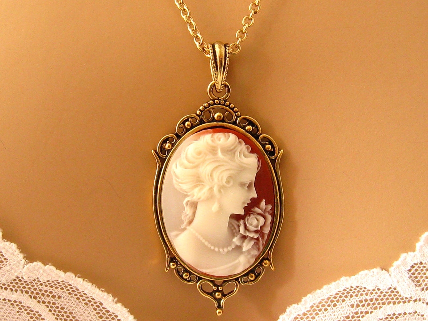 Peach Cameo: Victorian Woman Peach Cameo Necklace, Antiqued Gold, Vintage Inspired Romantic Victorian Jewelry, Perfect Gift for Her