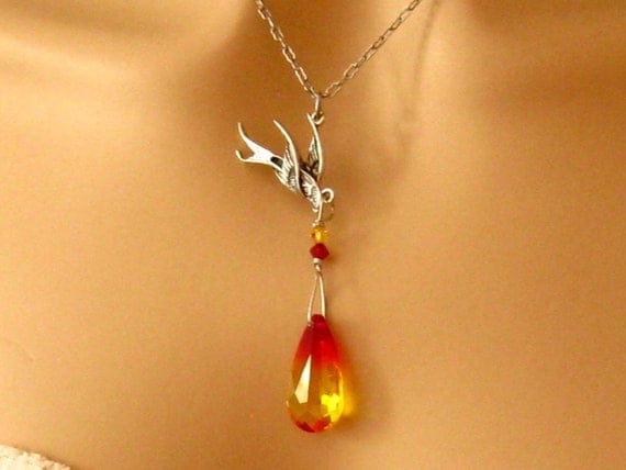 Phoenix Necklace: Antiqued Silver Phoenix Bird and Fire Opal Swarovski Crystal Phoenix Pendant Necklace - Cancer Awareness  Phoenix Jewelry