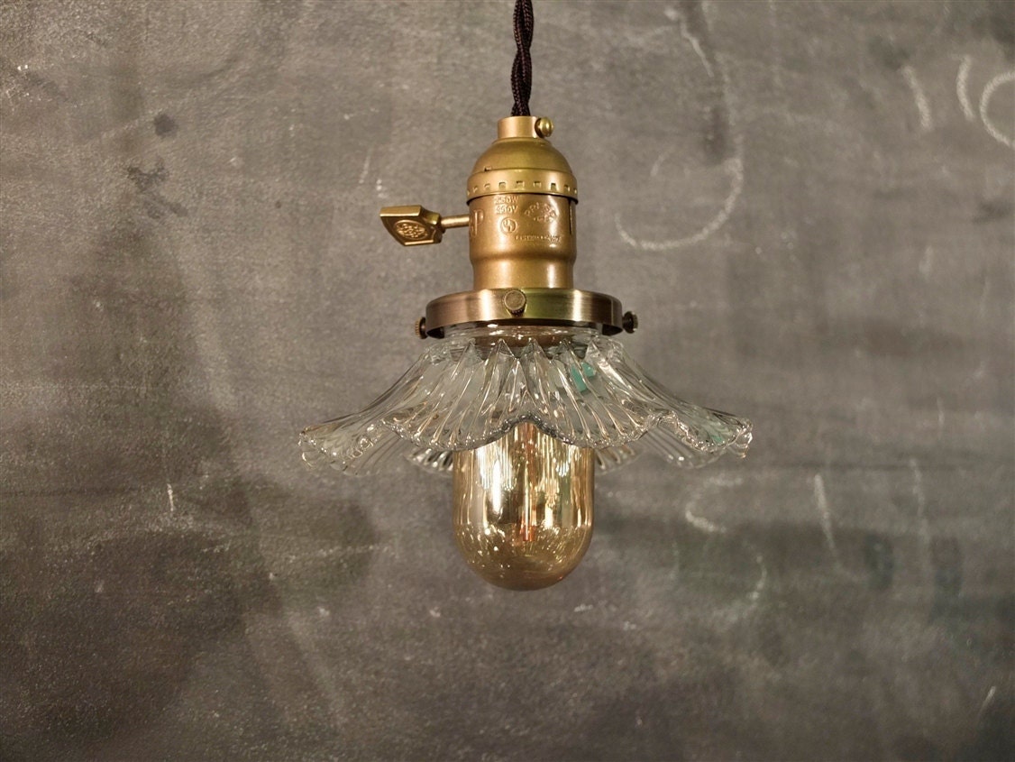 Vintage Industrial Hanging Light with Glass Ruffle Shade - Machine Age Minimalist Bare Bulb Pendant Lamp