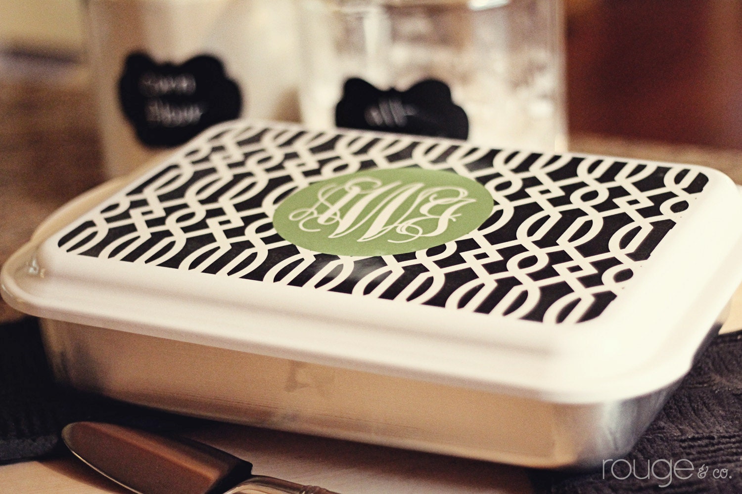 monogrammed casserole covered dish or cake pan - 13"x9" stainless steel with white, monogrammed lid