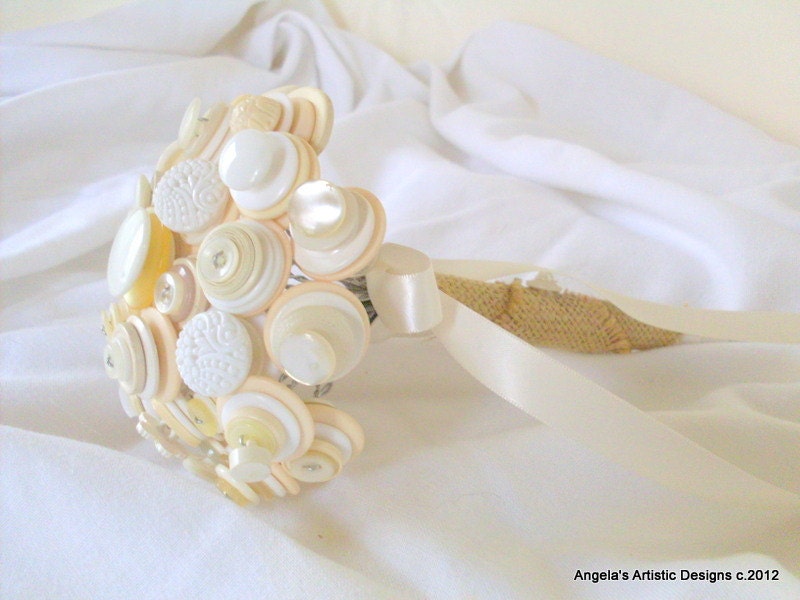 Vintage Cream bridal button bouquet set, wedding