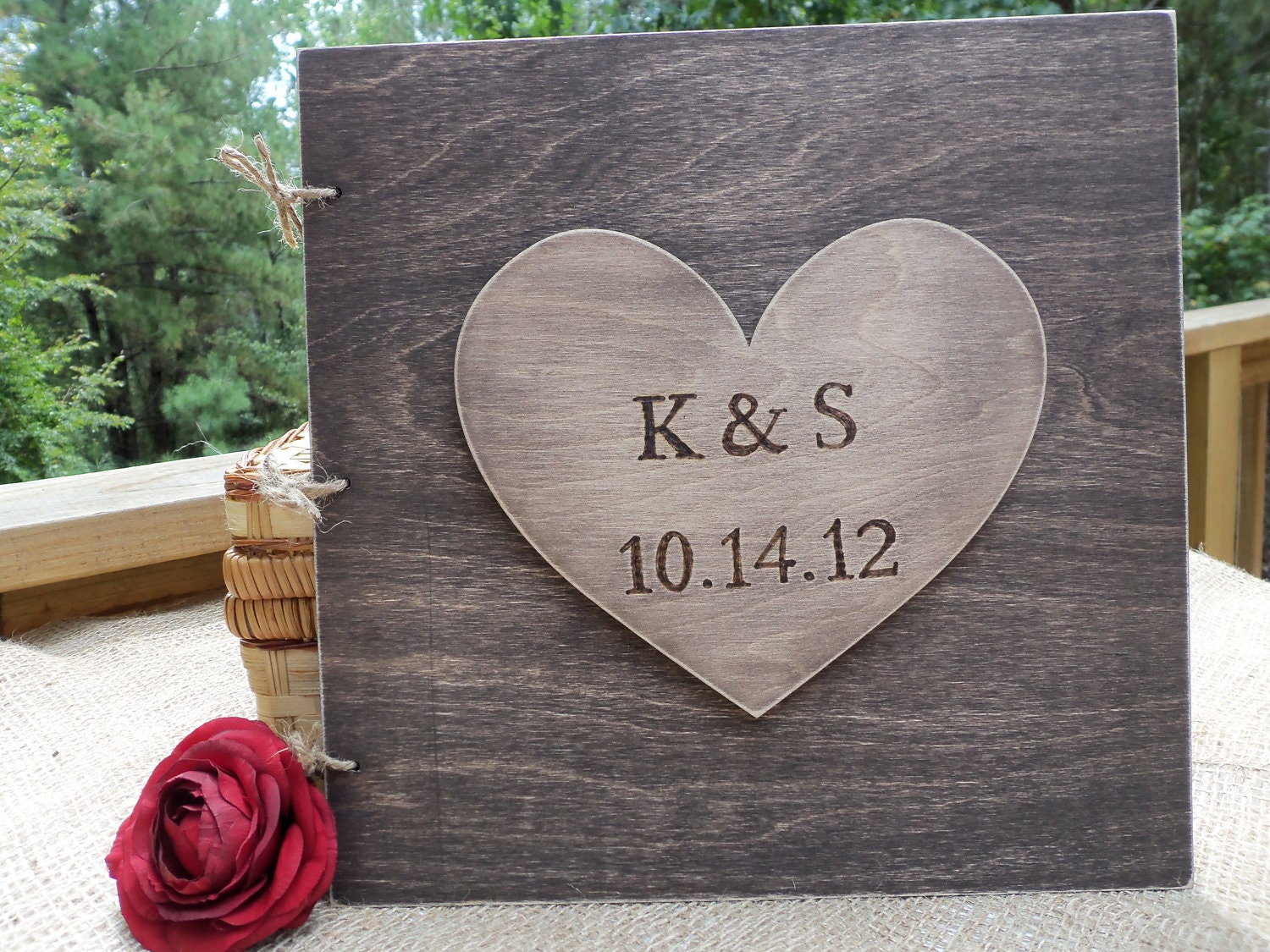 HUGE Personalized Rustic Wood Guest Book - Photo Book - Stained Wood Guest Sign-In Book with Huge Personalized Heart - Go Rustic Designs