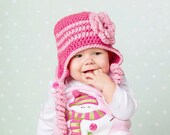 Earflap Hat with Flower, Baby Earflap Hat, Flower Stripe Curly Earflap Beanie - Infant and Child Size - SPECIFY SIZE - Made to Order